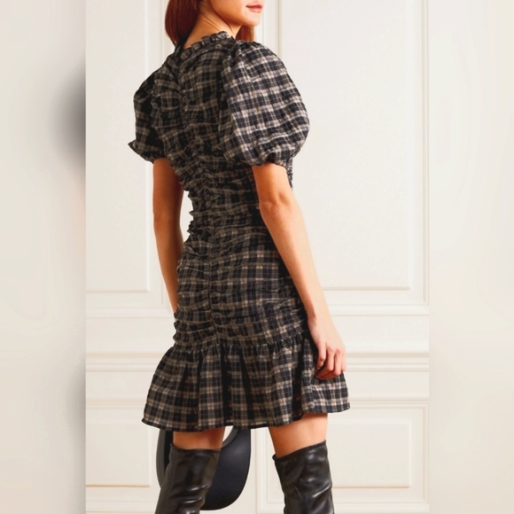 NWT Ganni Ruffled Ruched Mini Checkered Dress - Picture 2 of 4